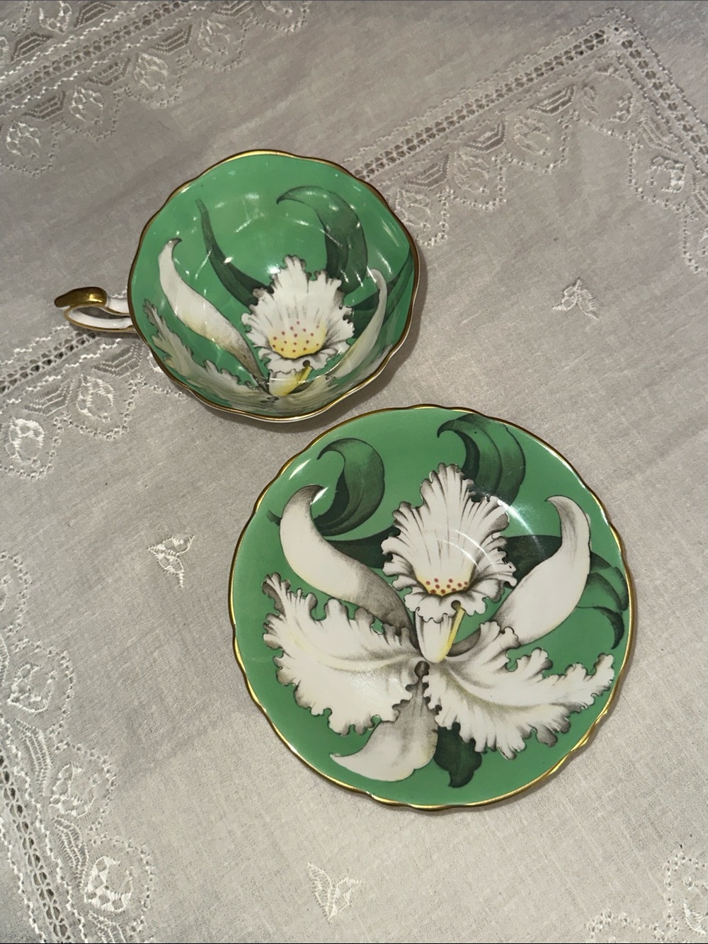 Paragon Orchid Teacup & Saucer 🌸 Mint Green Gold Bone China England ✨
